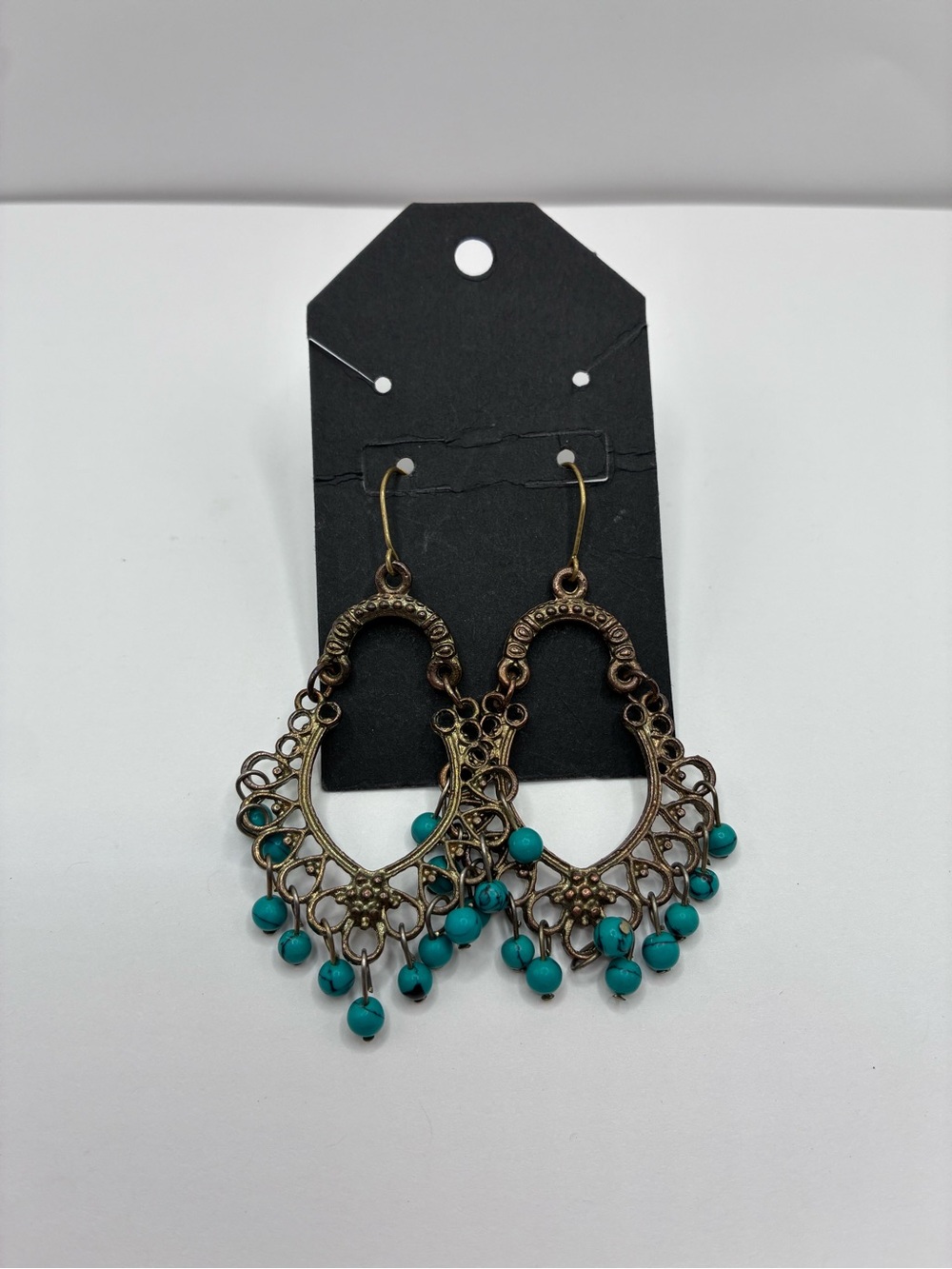 Bohemian Ornate Aztec Dangle Earrings Teal Marbles Bronze Style Color Boho